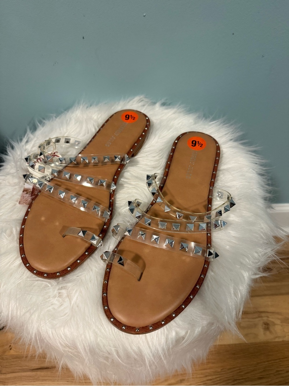 Sincerely Jules Tan Slide Sandals with Clear Studded Straps